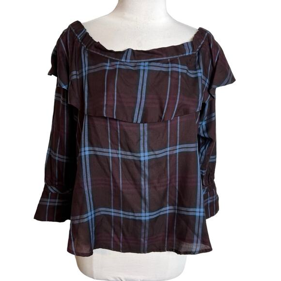 NWT Loft burgundy and blue plaid off the shoulder ruffle top Sz S petite - Picture 3 of 8